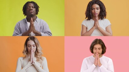 Poster - A multiracial collection showcases four individuals displaying distinct hand gestures, conveying emotions. Each person is isolated against colorful backdrops, highlighting diversity.