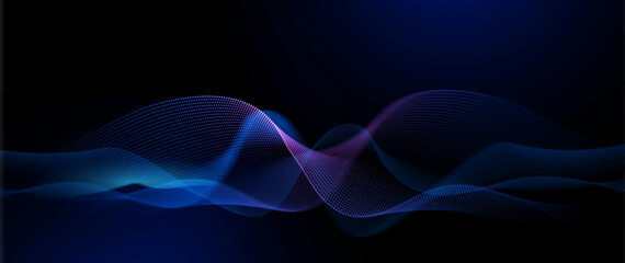 Aufkleber - Vector Abstract flowing wave line, particle dot pattern, neon light on dark blue gradient background. Modern futuristic design, particles wave data for background. Cyberspace technology concept