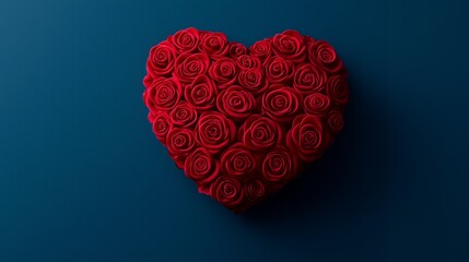  Heart-shaped arrangement of red roses against a blue background, symbolizing love and romance. Valentine's day concept