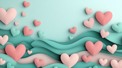 Poster - Serene Layered Backdrop of Teal and Pink Hearts for Creative and Romantic Projects