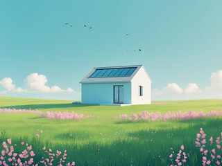 Minimalist house on a sunny meadow with vibrant flowers, clear blue sky, and soft clouds.