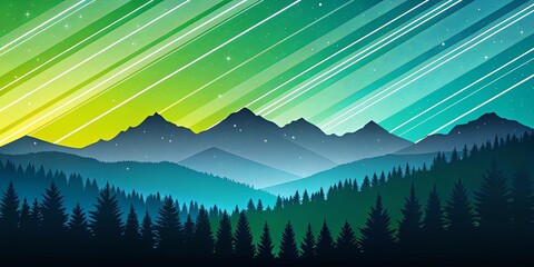 Poster - A beautiful mountain landscape with a bright green sky and a blue horizon