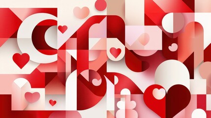 Poster - Geometric Abstract Banner Design for Valentine's Day Celebrations with Red Hearts and Modern Shapes
