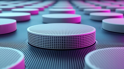 Poster - Abstract 3D render of white cylinders on a textured surface with pink and blue lighting.