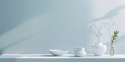 Poster - A minimalist aesthetic featuring a light misty blue backdrop, Minimalist design elements arranged asymmetrically, Modern minimalist style
