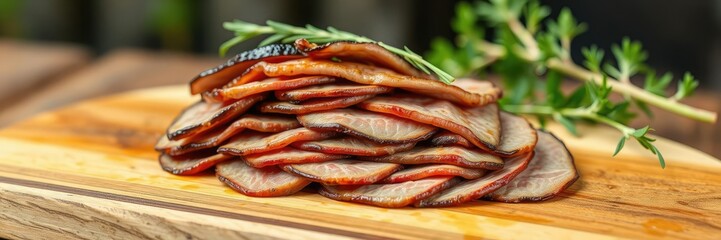 Wall Mural - A stack of thin slices of marinated lamb or chicken meat served on a wooden board, food, meat platter, earthy