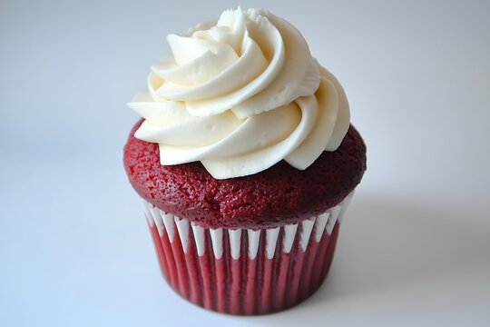 A rich red velvet cupcake topped with fluffy white frosting set against a bright white background