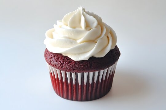 A rich red velvet cupcake topped with fluffy white frosting set against a bright white background