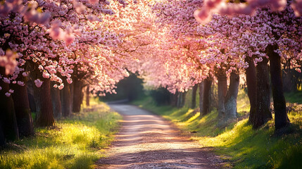 Poster - Enchanting Cherry Blossom Pathway Illuminated by Gentle Sunlight in Springtime : Generative AI