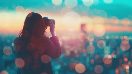 Wall Mural - a woman stands on a rooftop, focusing her camera on the breathtaking sunset illuminating the city sk