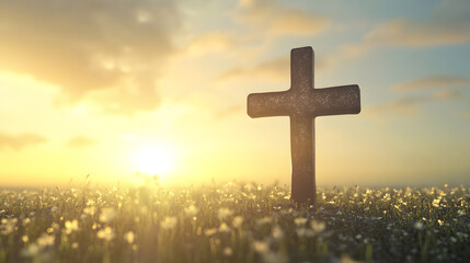 Poster - Elegant Cross in Tranquil Flower Field Under Peaceful Sunrise : Generative AI