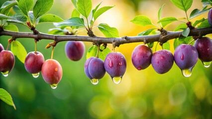 Wall Mural - A tree branch in the background with plums hanging from it and some dripping juice on the ground, plums hanging, wood texture, autumn leaves