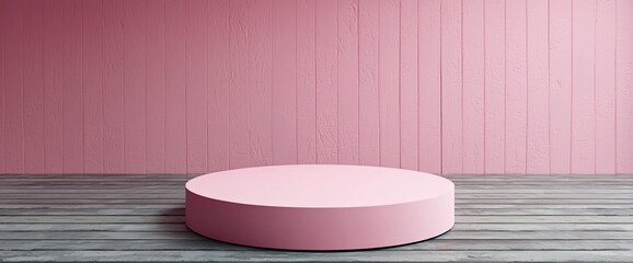 Poster - Pink round pedestal on wooden floor against pink wall.