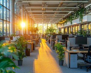 Poster - Sunlit modern office with plants and workstations.