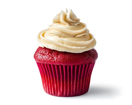 A scrumptious red cupcake featuring a swirl of white cream isolated on a clean white background