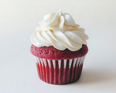 A scrumptious red cupcake decorated with creamy white icing isolated against a pristine white background