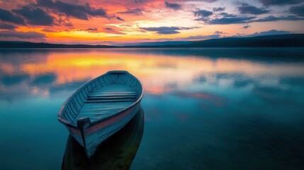 Wall Mural - a peaceful wooden boat rests quietly on still water as the sun sets, casting vibrant colors across t