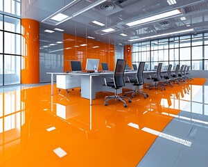 Poster - Modern orange office interior with computers and city view.