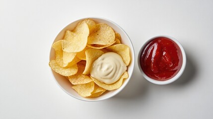 Wall Mural - a bowl of chips and a bowl of ketchup. the chips are yellow and the ketchup is red