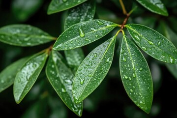 Wall Mural - The leaves of a plant are wet with raindrops. Concept of freshness and vitality, as the rain nourishes the plant and brings out its natural beauty