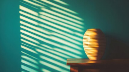 Aufkleber - Gentle light from a nearby source casts elegant patterned shadows on a blue wall, featuring a simple vase on a wooden table