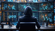© O - Hacker in a dark room with six monitors displaying complex code and digital graphics