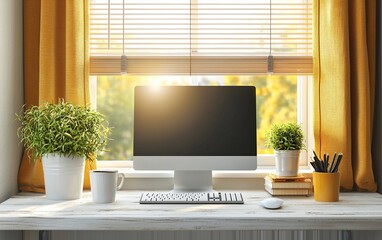 Poster - Sunlit home office workspace with computer, plants, and coffee.