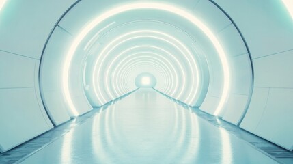 Poster - Bright white corridor features circular patterns and luminous lighting, creating a serene atmosphere that guides toward a distant exit