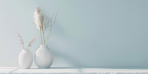 Poster - A minimalist aesthetic featuring a light powder blue backdrop, Balanced composition and smooth surfaces, Contemporary minimalist style
