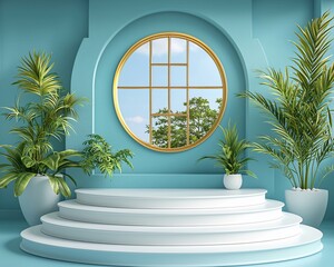 Poster - Teal room with circular window, plants, and tiered display.