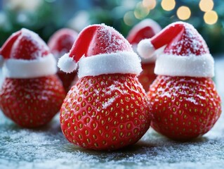 Wall Mural - A group of strawberries with santa hats on them. The hats are red and white. The strawberries are arranged in a row