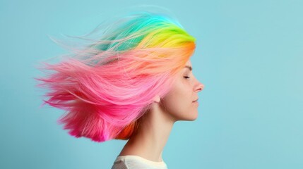 Poster - A woman with vibrant, colorful hair is captured mid-motion, her hair flowing gracefully against a solid blue backdrop in a lively setting