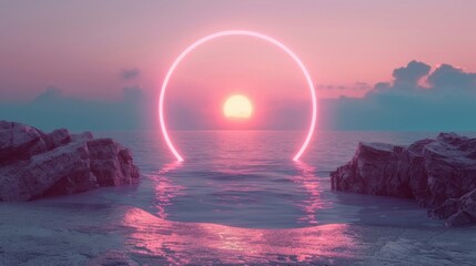 Wall Mural - a vibrant neon light horizon arcs over the calm ocean at sunset, creating a magical atmosphere with 