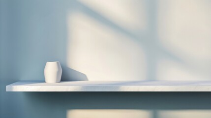 Poster - A minimalistic white shelf features a simple vase, bathed in soft light, evoking a tranquil and spacious ambiance in the room