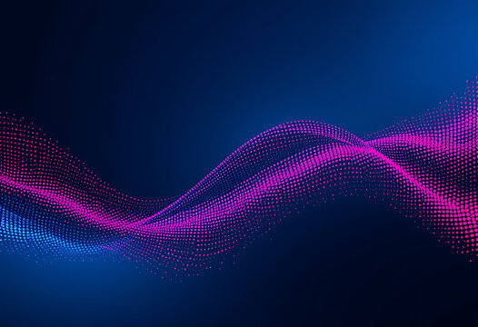 Futuristic dot wave. Abstract digital particle wave. Technology background. Colored musical wave. Dark background. Digital background with smooth, wavy curves. 3D rendering.