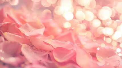 Poster - Scattered pink rose petals shimmer softly amid the glow of bokeh lights, creating a tranquil and romantic ambiance perfect for special occasions