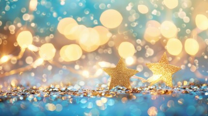 Poster - Golden stars twinkle amidst a backdrop of vibrant, colorful lights and sparkling decorations, creating a festive atmosphere