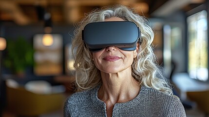 A smiling mature woman wearing a VR headset, exploring virtual reality in a modern indoor setting, symbolizing technology, innovation, and the joy of new experiences.