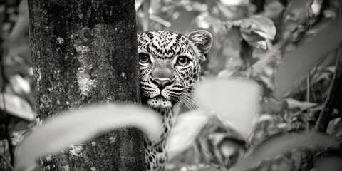 Wall Mural - a baby leopard is hiding behind a tree. the image is black and white, giving it a classic and timele