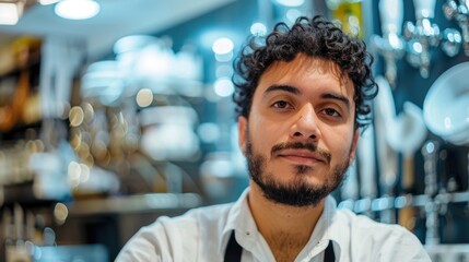 Wall Mural - A man with a beard and a mustache is smiling at the camera. He is wearing a white shirt and a black apron