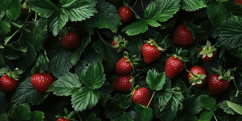 Sticker - A close up of a bunch of red strawberries on a leafy green bush. Concept of freshness and abundance, as the strawberries are ripe and ready to be picked