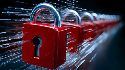 A digital padlock with cyber security technology on a blue background. Digital security, protection against cyber attack. Web security