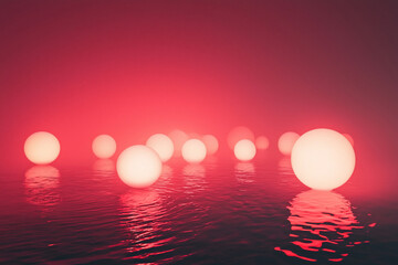 ethereal glowing spheres floating on water in a misty environment, creating a surreal atmosphere