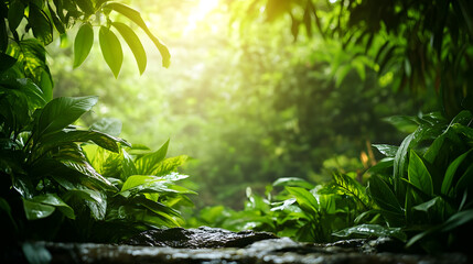 Poster - Lush green rainforest with sunlight filtering through dense foliage : Generative AI