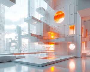 Aufkleber - Futuristic white building interior with orange lighting and city view.
