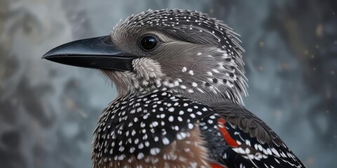 Wall Mural - A spotted nutcracker's head and feathers in profile, avian, alpine landscape , tree branches