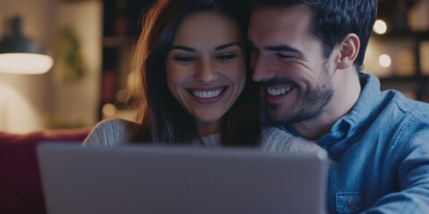 Sticker - A man and woman are sitting on a couch looking at a laptop. They are smiling and seem to be enjoying their time together