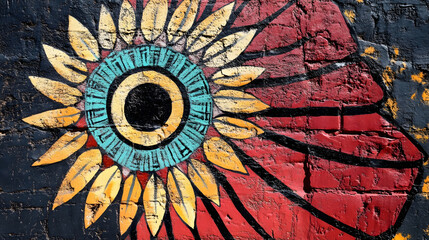 Poster - Colorful Sunflower Mural on Brick Wall Showcasing Urban Art and Creativity : Generative AI