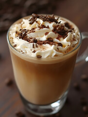 Poster - Hot Coffee with Whipped Cream and Chocolate in Glass Mug for Cozy Cafe Treat : Generative AI