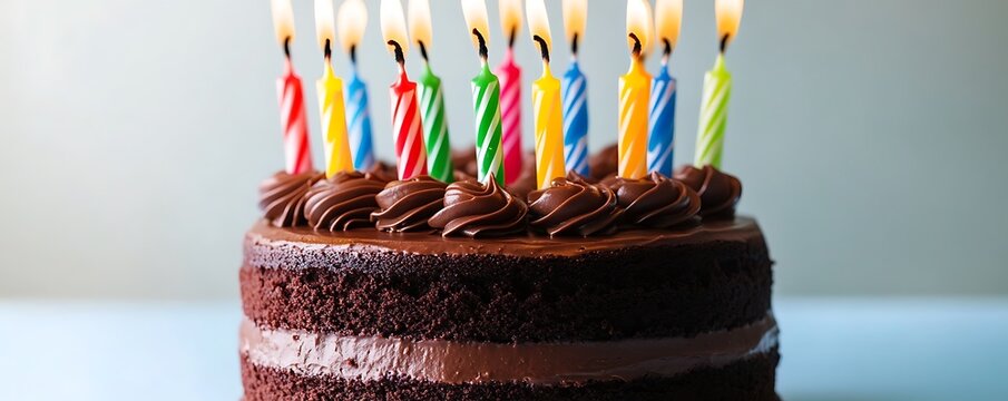 A vibrant chocolate fudge cake topped with colorful birthday candles isolated on a light blue background
